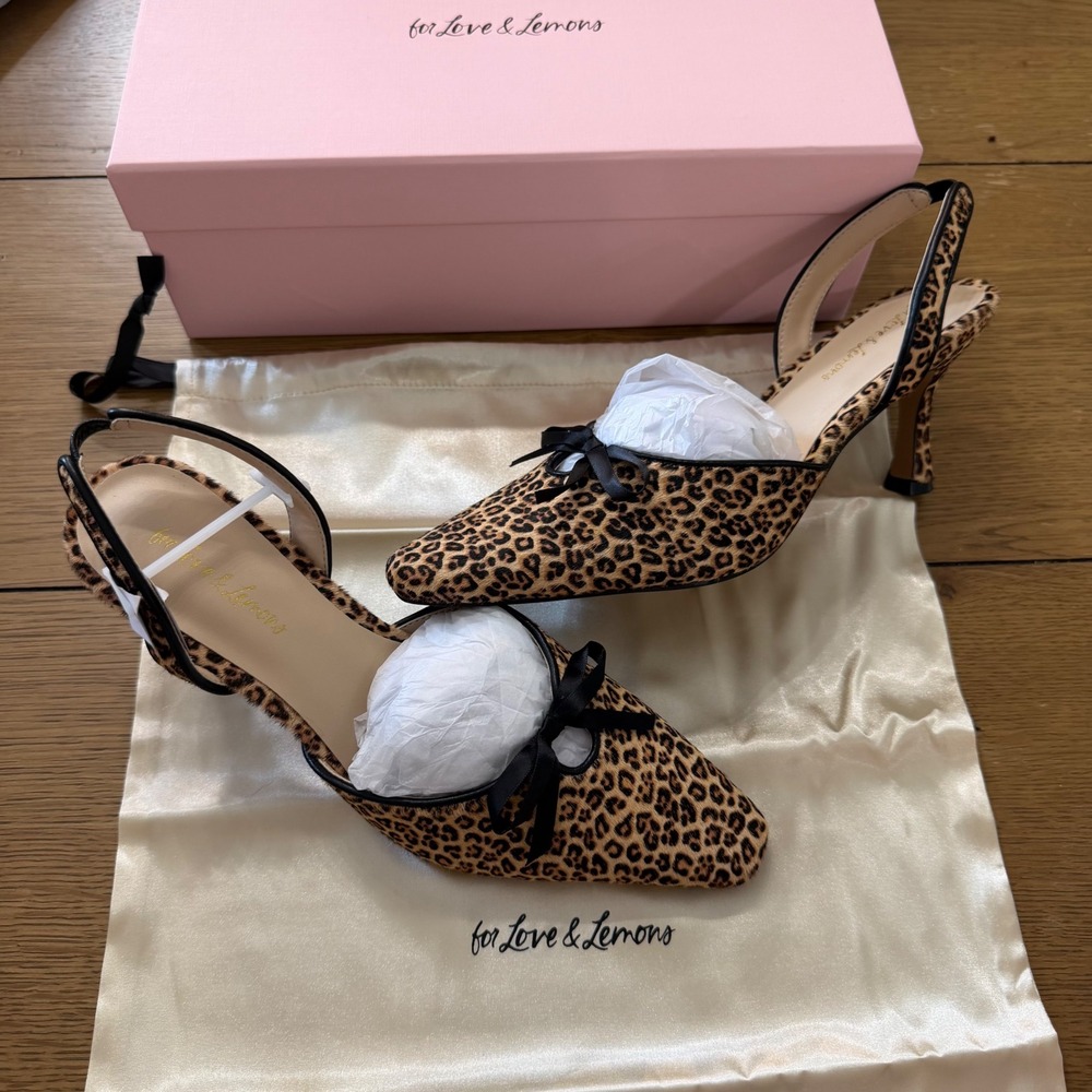 For Love & Lemons Lyana Leopard Print Slingback Kitten Heels Bow Pointed Toe 37